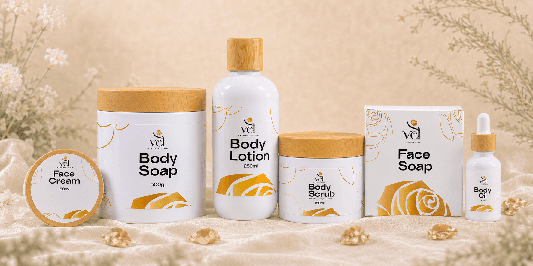 The complete six-product VEL Natural Glow lineup