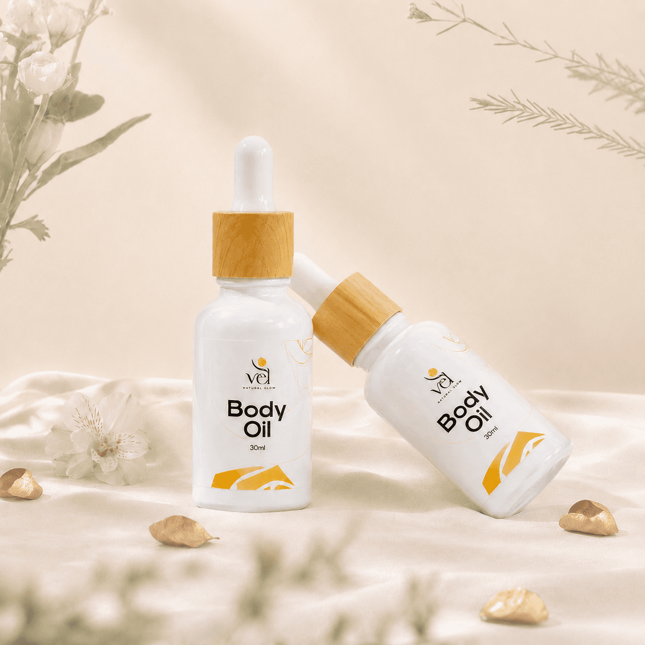 VEL Body Oil two-view product photography